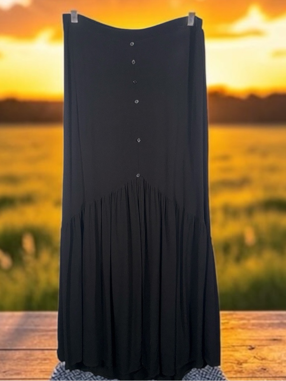 H.I.P Black Button-Front Maxi Skirt with Gathered Hem